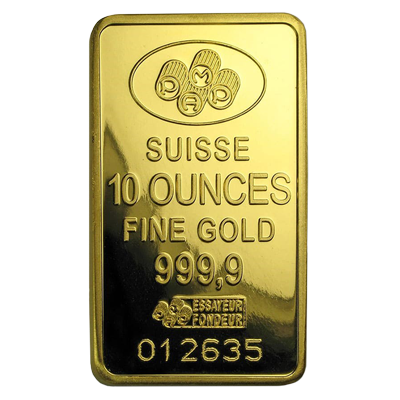 A picture of a 10 oz Gold Bar- PAMP Suisse Lady Fortuna (w/ Assay)